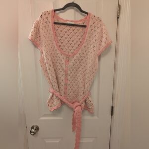 Ganni Light Pink Crochet Button-Front Tie-Waist Top